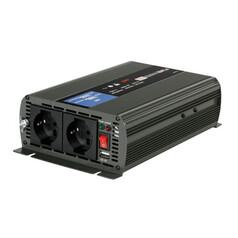 Dunkelgrauer Power Inverter aus Aluminiumlegierung mit zwei 220V Steckdosen, Schalter und USB-Anschluss.