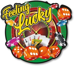 Lufterfrischer mit Casino-Motiv: Roulette, Spielkarten, W�rfel und Chips. Text: Feeling Lucky.