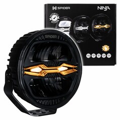 Runder, schwarzer LED-Scheinwerfer X-Spider Ninja mit orangefarbenem Akzentlicht und Produktverpackung.