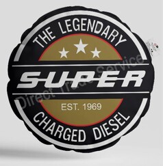 Rundes schwarzes Kissen mit goldener Mitte, wei�en Sternen und Aufschrift: THE LEGENDARY SUPER CHARGED DIESEL EST. 1969.