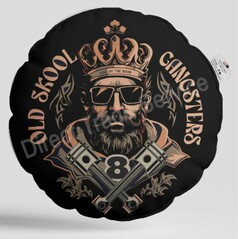 Rundes schwarzes Kissen mit Text "OLD SKOOL GANGSTERS".