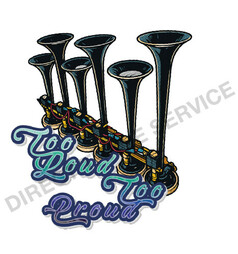 Aufkleber mit mehreren schwarzen Lufth�rnern und dem Schriftzug "Too Loud Too Proud" in T�rkis und Lila.