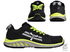 Drei Ansichten des schwarz/gelben Sicherheitsschuhs X-MARS mit wei�em Logo und strukturierter Oberfl�che.