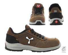 Brauner Get Force Low Sicherheitsschuh aus Leder mit schwarzen Akzenten und grauer Sohle, in drei Ansichten.