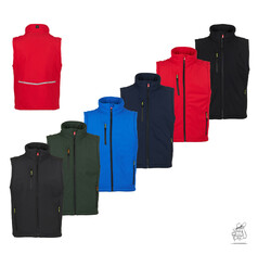 Mehrere Weste Creek PAD Softshellwesten in verschiedenen Farben, darunter Rot, Schwarz, Blau und Gr�n. Eine rote Weste zeigt den Reflexstreifen.