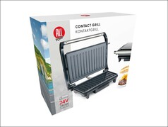 ALLRide LKW-Kontaktgrill, 24V, 240W, schwarz. Zeigt den Grill und gegrilltes Essen.