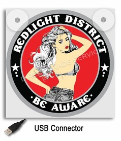 Leuchtkasten 17x17cm mit Frau und Text "Redlight District - Be Aware". USB-Anschluss.
