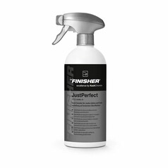 Wei�e Spr�hflasche mit grauem Spr�hkopf und schwarzem Etikett: "THE FINISHER JustPerfect".