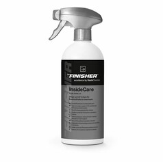 Wei�e Spr�hflasche mit schwarzem Etikett, "THE FINISHER InsideCare" und Pflegehinweisen.