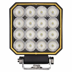 Quadratische LED-Arbeitsleuchte mit gelbem Rahmen und robustem Metallb�gel.