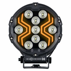 Runde LED-Arbeitsleuchte X-SPIDER mit schwarzem Aluminiumgeh�use und orangefarbenen Akzenten.