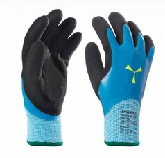 Zwei blaue und schwarze Arbeitshandschuhe mit gelbem Logo und Textur auf der Handfl�che.