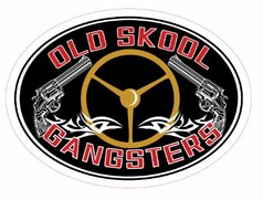 DTS Aufkleber Old Skool Gangsters: Lenkrad mit zwei Revolvern und Schriftzug.