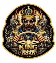 DTS Aufkleber "King of the Road" mit Mann, Krone, Lenkrad und Kolben.