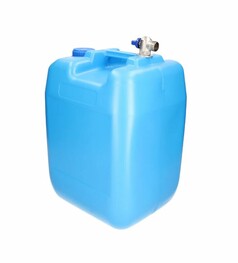 Blauer Tekson Wasserkanister 20 Liter aus Kunststoff mit silbernem Wasserhahn.