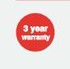 Runder roter Aufkleber mit wei�em Text "3 year warranty".