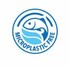 Blau-wei�es Umwelt-Siegel "MICROPLASTIC FREE" mit Fisch und Wellen.