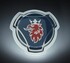 Beleuchtete Scania Emblem Platte aus wei�em Acryl mit blau-rotem Emblem und wei�em LED-Licht.