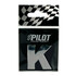 Gl�nzender 3D Aufkleber Buchstabe K aus verchromtem Kunststoff in transparenter Verpackung mit Pilot-Logo.