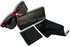Sonnenbrille mit rot-orange gemustertem Rahmen, dunklen Gl�sern, schwarzem Brillenetui, Putztuch und Beutel.