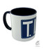 Wei�e Tasse mit blauem TIR-Aufdruck, blauem Henkel und blauem Innenraum.